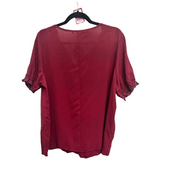 Bloomchic Laser Cut V-Neck Blouse Burgundy - Picture 3 of 7